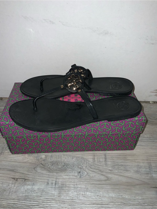 Tory Burch Shoes - Tory Burch Black Logo Thong Sandals with Gold Medallion